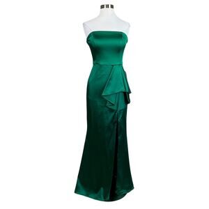 Betsy & Adam Satin Strapless Ruffled Long Column Evening Gown Green Size 6 Dress
